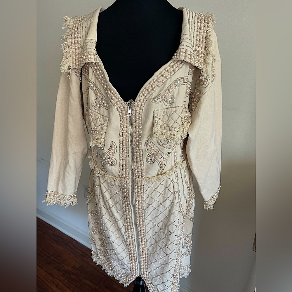 ASOS Design Curve Pearl embellished oversized denim off shoulder tux dress.